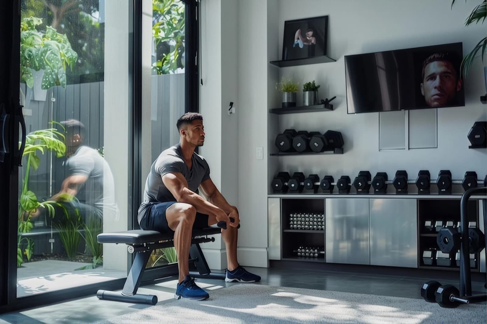 A man sitting on a bench in a gym
