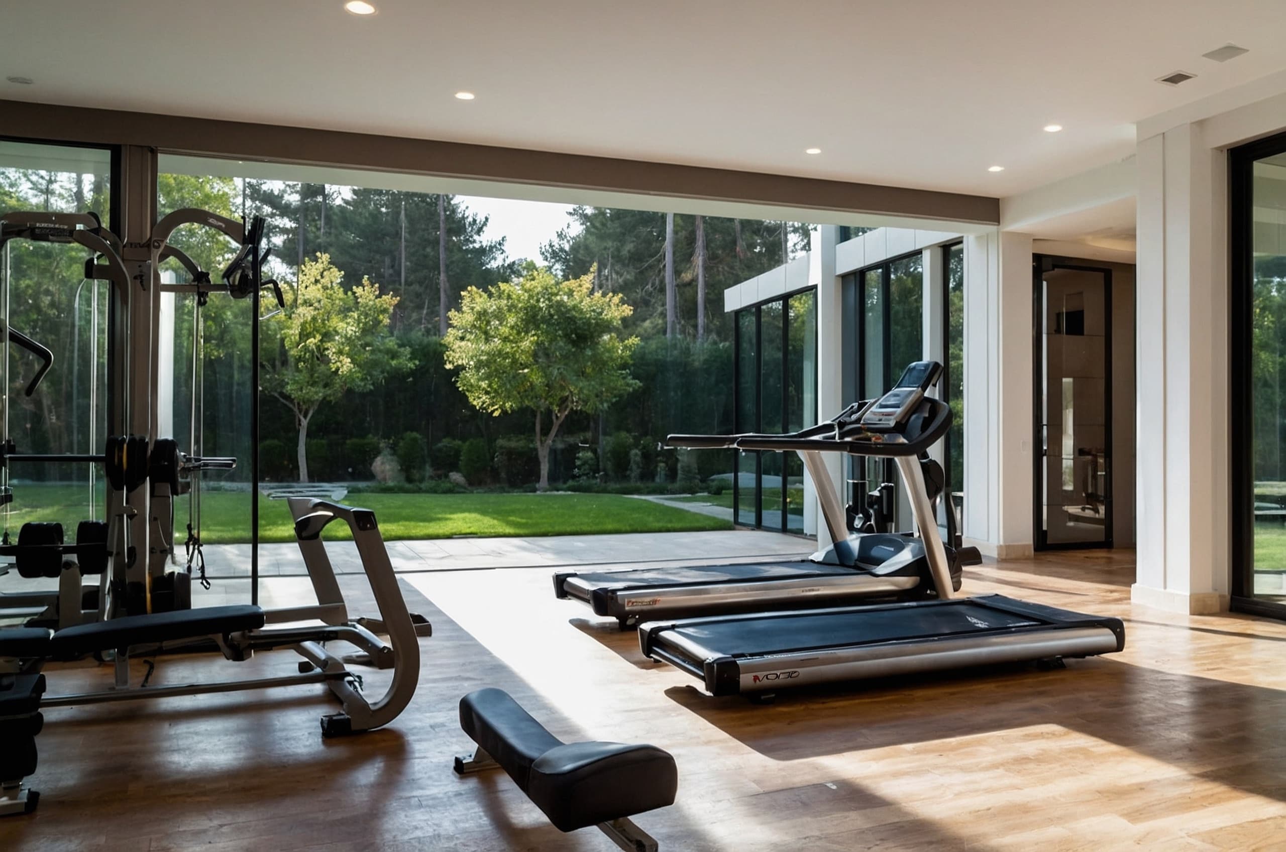A home gym with framed artwork on the wall and equipment by large windows