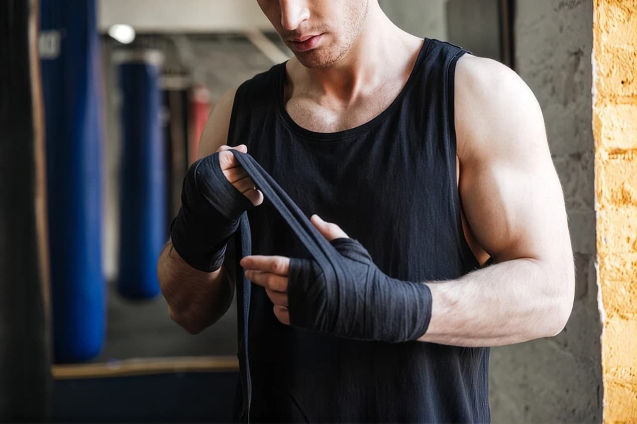 Athlete wrapping hand wraps before training